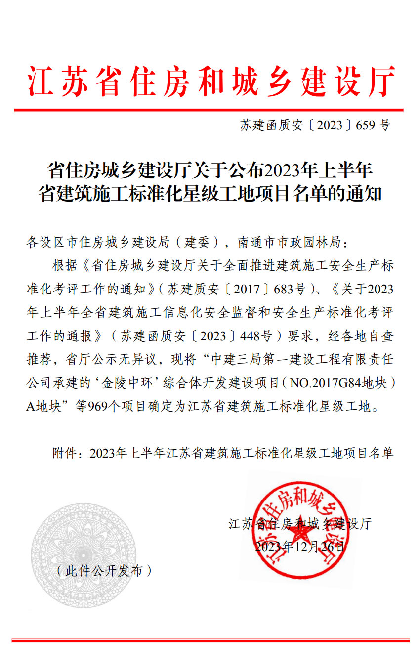 省住房城鄉(xiāng)建設(shè)廳關(guān)于公布2023年上半年省建筑施工標(biāo)準(zhǔn)化星級(jí)工地項(xiàng)目名單的通知